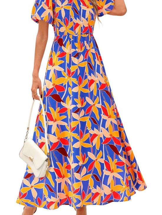 BTFBM Dresses & Skirts - Floral Blue Maxi Dress with Puff Sleeves